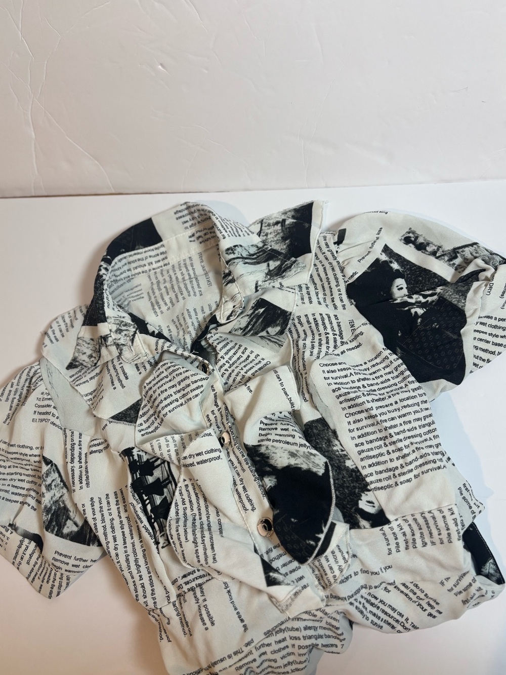Men's Black & White Newspaper Print Short Sleeve Shirt